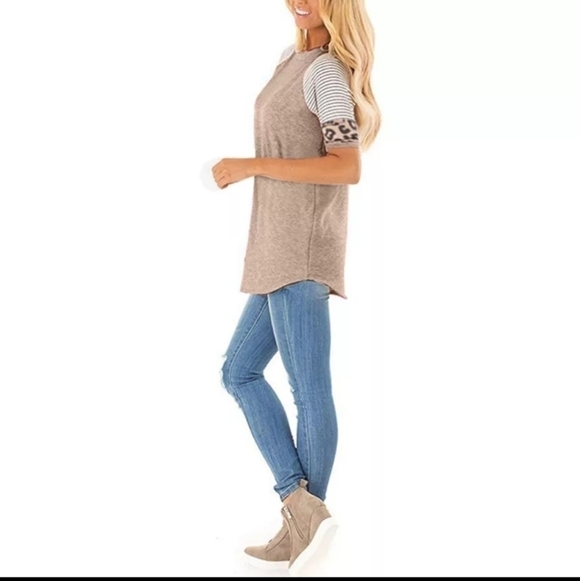CLEARANCE! Leopard Trim Comfy Tee Tshirt Top Khaki 🆕 - Picture 2 of 4
